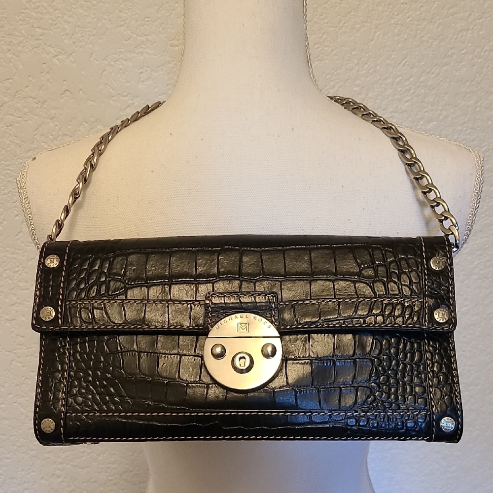 MICHAEL KORS Black Crocodile Embossed Leather Bag With Silver Chain Strap